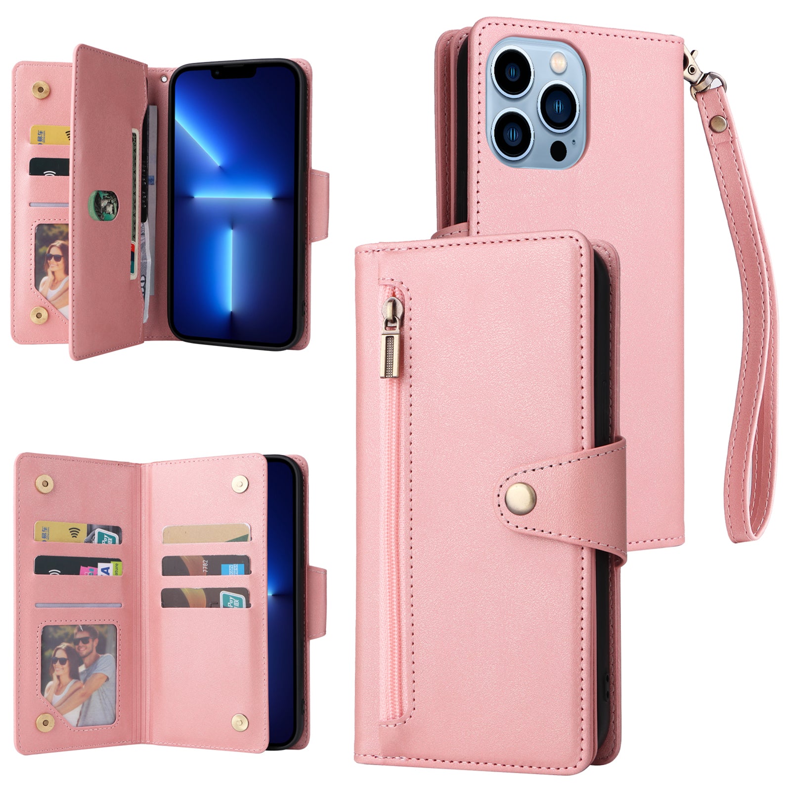 For iPhone 13 Pro Max Case Card Slots Leather Stand Phone Cover with Rivet Decor For iPhone 13 Pro Max Case Card Slots Leather Stand Phone Cover with Rivet Decor